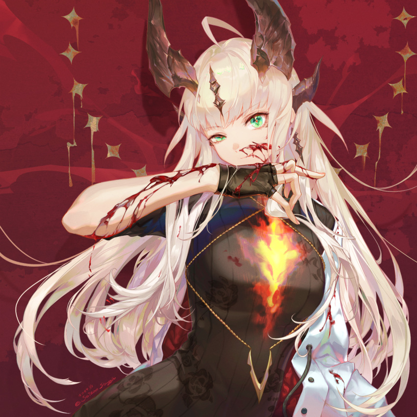 2024 arknights black_gloves black_sweater blonde_hair blood blood_on_arm blood_on_clothes blood_on_face chains commentary_request dated dress earrings female fingerless_gloves gloves green_eyes highres horns ichiban_renga jacket jewelry long_hair looking_at_viewer nosebleed pink_nails reed_(arknights) solo star_(symbol) sweater sweater_dress very_long_hair white_jacket wiping_blood