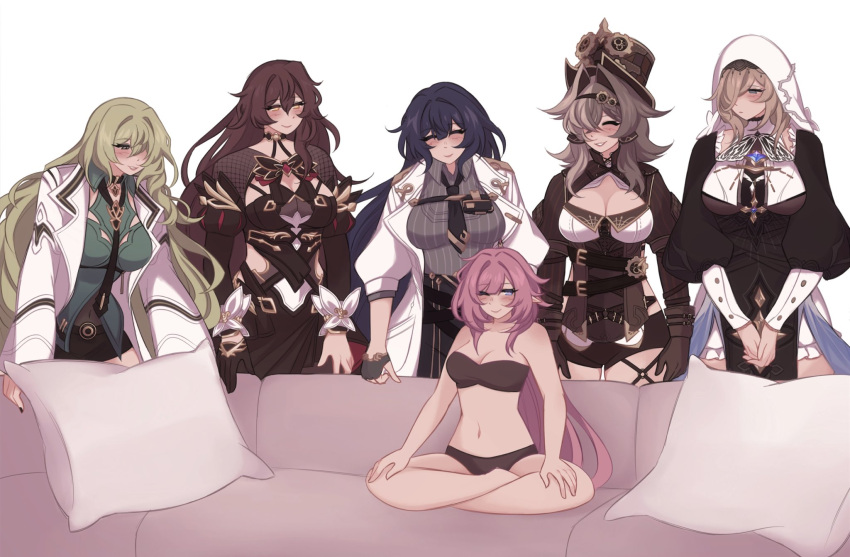 6+girls aponia_(honkai_impact) black_bra black_dress black_panties black_shorts black_skirt blue_eyes bra breasts brown_hair brown_shirt cleavage coat couch dress eden_(honkai_impact) elysia_(honkai_impact) green_hair green_shirt grey_shirt habit hair_intakes hat highres honkai_(series) honkai_impact_3rd lab_coat large_breasts long_hair mei_(honkai_impact) meme miniskirt minxinq mobius_(honkai_impact) multiple_girls on_couch one_eye_closed panties pencil_skirt pillow pink_hair piper_perri_surrounded_(meme) purple_hair shirt short_shorts shorts simple_background sitting skirt smile top_hat underboob underwear vill-v white_background white_coat yuri