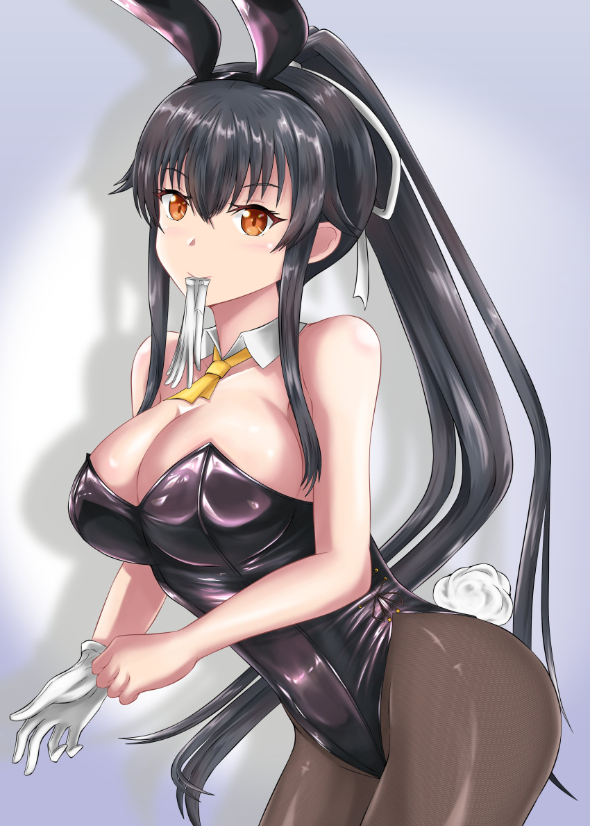 absurdres animal_ears bare_shoulders black_hair black_leotard black_pantyhose blue_background blush bow bowtie breasts cleavage covered_navel detached_collar fake_animal_ears female glove_in_mouth gloves gradient_background grey_background hair_between_eyes highleg highleg_leotard highres kantai_collection large_breasts leotard long_hair looking_at_viewer mouth_hold nipa_(graf_xsr900) pantyhose playboy_bunny ponytail rabbit_ears rabbit_tail red_eyes smile solo strapless strapless_leotard tail traditional_bowtie white_gloves wrist_cuffs yahagi_(kancolle)