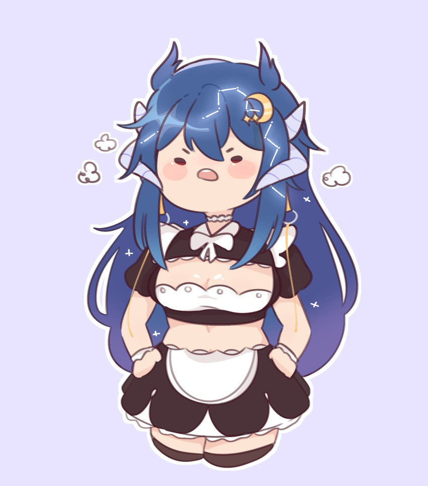 apron black_shirt black_skirt black_thighhighs blue_hair blush_stickers bow breasts chibi chonkyorca cleavage cleavage_cutout clothing_cutout collared_shirt constellation crescent crescent_hair_ornament cropped_legs female hair_between_eyes hair_ornament hands_on_own_hips highres horns indie_virtual_youtuber long_hair medium_breasts open_mouth puffy_short_sleeves puffy_sleeves purple_background shirt short_sleeves simple_background skirt solo thighhighs v-shaped_eyebrows very_long_hair vienna_(vtuber) virtual_youtuber waist_apron white_apron white_bow wide_oval_eyes