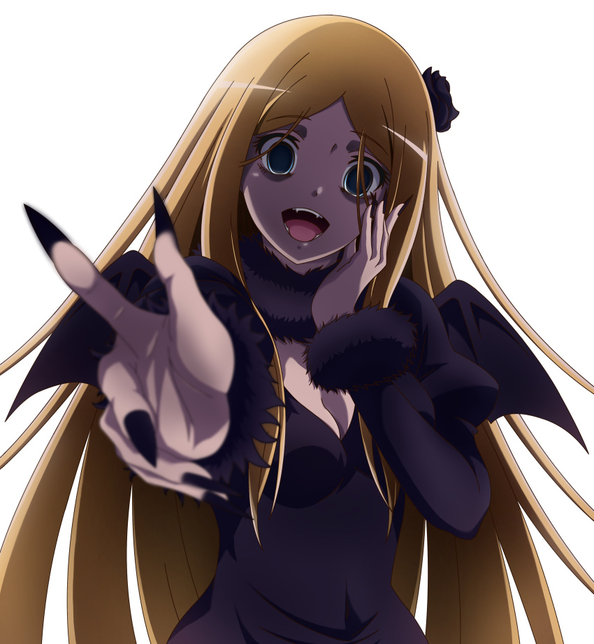 absurdres black_dress black_nails blonde_hair blush breasts cleavage crazy crazy_eyes crazy_smile demon_girl demon_wings dress emily0103 empty_eyes female fingernails flower fur-trimmed_collar fur-trimmed_sleeves fur_trim hair_flower hair_ornament hand_on_own_face highres long_fingernails long_hair long_sleeves looking_at_viewer open_mouth overlord_(maruyama) renner_theiere_chardelon_ryle_vaiself small_breasts smile solo upper_body wings