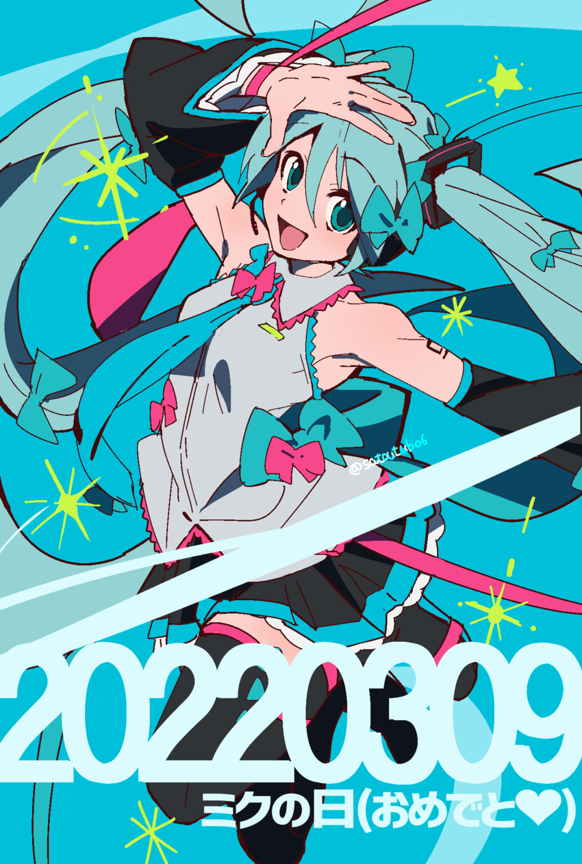 :d aqua_eyes aqua_hair arm_up bare_shoulders black_skirt black_sleeves black_thighhighs blue_bow blue_necktie bow commentary congratulations date_pun dated detached_sleeves female full_body grey_shirt hair_ornament hairbow hand_up hatsune_miku heart highres layered_sleeves legs_up long_hair miku_day miniskirt necktie number_pun open_mouth pleated_skirt ribbon satou_asuka shirt shoulder_tattoo skirt sleeveless sleeveless_shirt smile solo sparkle star_(symbol) tattoo thighhighs translated twintails twitter_username very_long_hair vocaloid zettai_ryouiki