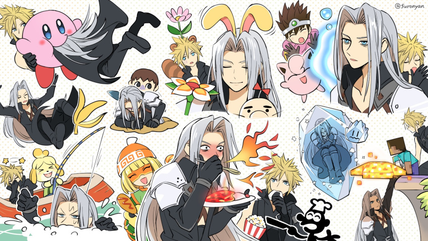 >_< 2girls 6+boys animal_crossing animal_ears armor arms_(game) banana banana_peel black_gloves blonde_hair boat brown_hair closed_eyes cloud_strife coat commentary_request curry doseisan dragon_quest dragon_quest_iii eating final_fantasy final_fantasy_vii fishing_rod food freezie fruit furono_(fuloru) game_&_watch gloves grey_hair hat hero_(dq3) highres ice icicle isabelle_(animal_crossing) jigglypuff kirby kirby_(series) long_hair long_sleeves mario_(series) mario_bros. mask meandros min_min_(arms) minecraft mother_(game) mr._game_&_watch multiple_boys multiple_girls onigiri open_mouth partially_submerged plate pokemon pokemon_(creature) popcorn rabbit_ears raccoon_ears raccoon_tail roto_(dq3) sephiroth short_hair shovel sleepy sparkle spicy_curry spoon star_(symbol) steve_(minecraft) super_leaf_(transformation) super_smash_bros. tail twitter_username villager_(animal_crossing) water watercraft wet