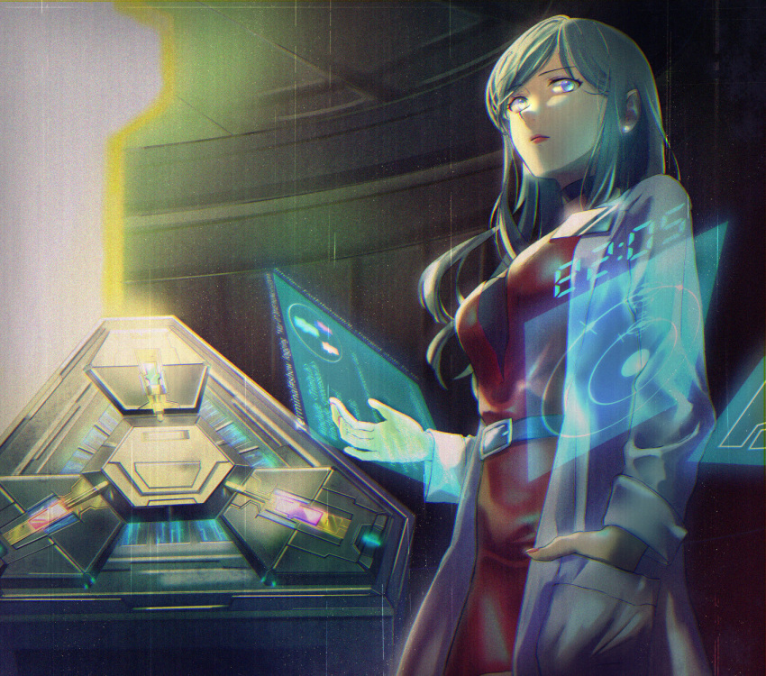 belt black_choker blue_eyes breasts choker cowboy_shot dress female from_below fuwamoko_momen_toufu galea_(xenoblade) highres holographic_interface indoors lab_coat lips long_hair medium_breasts name_tag red_dress science_fiction solo xenoblade_chronicles_(series) xenoblade_chronicles_1 zohar