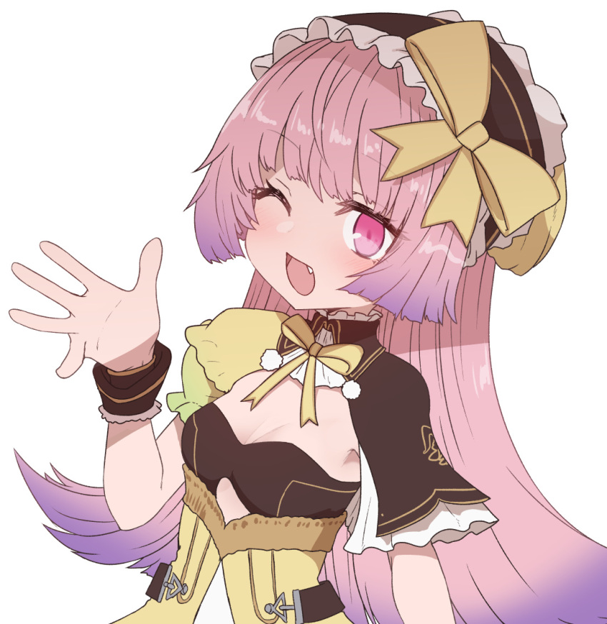 asymmetrical_sleeves atelier_(series) atelier_lydie_&_suelle blush bow breasts cleavage dress female frilled_hairband frills gradient_hair hairband hairbow hand_up long_hair looking_at_viewer multicolored_hair oerba_yun_fang one_eye_closed open_mouth pink_eyes pink_hair purple_hair short_sleeves simple_background small_breasts smile solo suelle_marlen sumiyao_(amam) two-tone_hair upper_body white_background wrist_cuffs yellow_bow