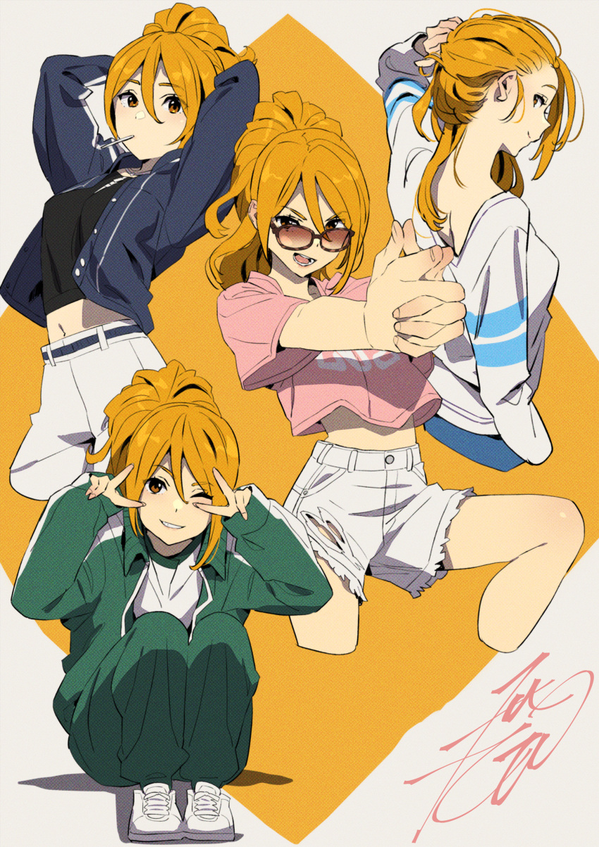 arms_up black_shirt blonde_hair blue_jacket brown-tinted_eyewear brown_eyes candy collage cropped_legs double_v female finger_gun food full_body green_jacket green_pants grin gym_uniform hair_between_eyes highres holding holding_own_hair jacket kobayashi_gen lollipop long_hair looking_back looking_over_eyewear multiple_views one_eye_closed open_mouth origami_hina pants pink_shirt ponytail school_girl_strikers shirt shorts sidelocks signature simple_background sitting smile sunglasses tinted_eyewear torn_clothes torn_shorts v white_footwear white_pants white_shirt white_shorts