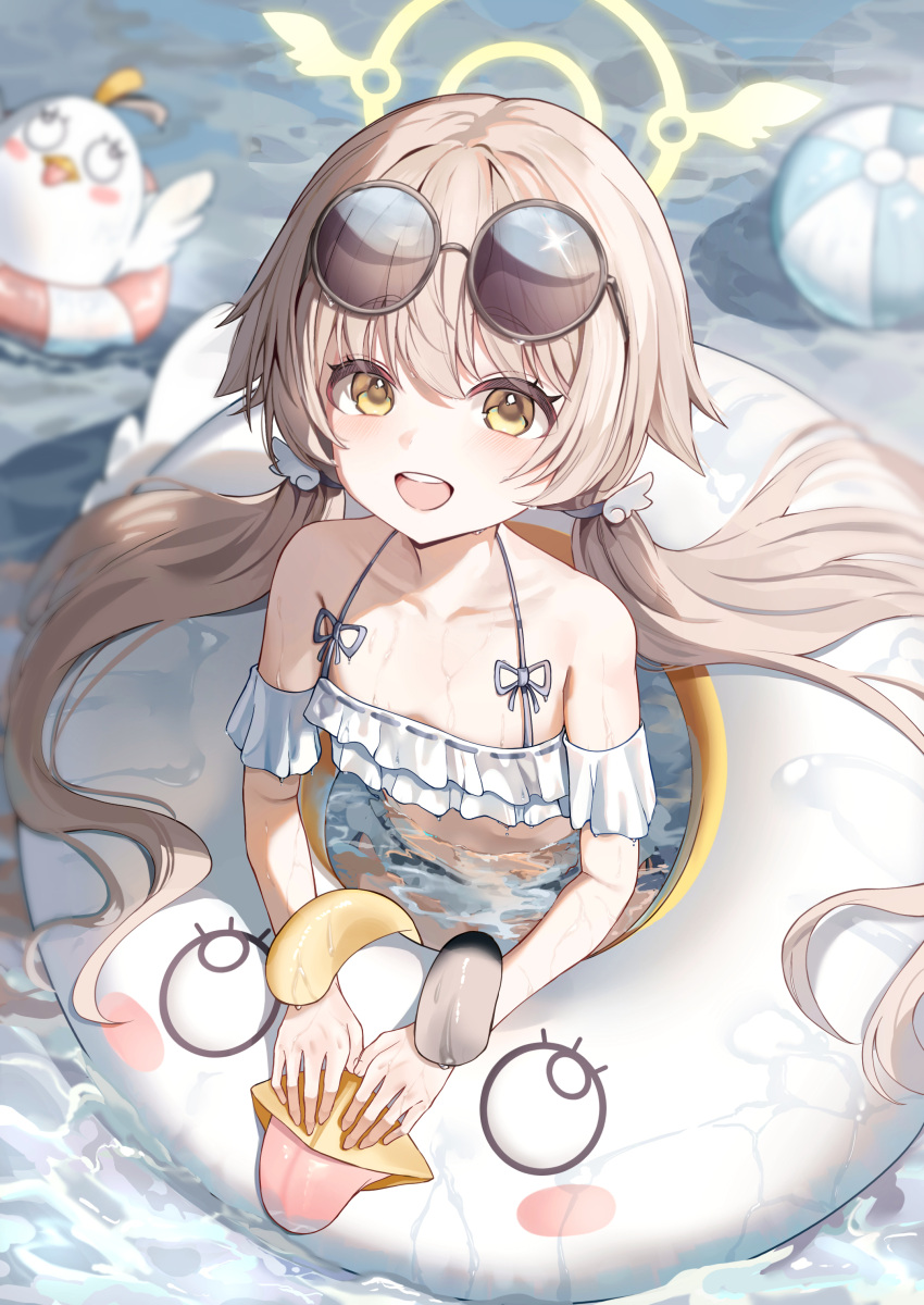 absurdres ball beachball bikini bird blonde_hair blue_archive blurry blurry_background blush_stickers collarbone commentary_request eyewear_on_head female grey_ribbon hifumi_(blue_archive) hifumi_(swimsuit)_(blue_archive) highres lnji_(rnlwls34) long_hair looking_at_viewer open_mouth peroro_(blue_archive) ribbon-trimmed_bikini smile solo sunglasses swim_ring swimming swimsuit teeth twintails upper_body upper_teeth_only very_long_hair water wet white_bikini wing_hair_ornament yellow_eyes