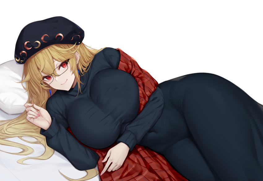 absurdres beret black_dress blonde_hair breasts commission covered_navel dress earrings futon glasses hair_between_eyes hat highres huge_breasts jewelry junko_(touhou) lying on_side pillow pixiv_commission red_eyes red_shawl shawl smile tk31 touhou turtleneck turtleneck_dress wide_hips