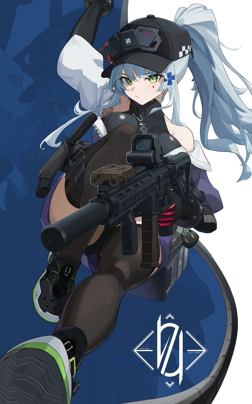 404_logo_(girls'_frontline) absurdres arm_up assault_rifle baseball_cap black_footwear black_hat black_thighhighs blue_hair chinese_commentary closed_mouth commentary_request cross_hair_ornament female girls'_frontline girls'_frontline_2:_exilium green_eyes gun h&k_hk416 hair_ornament handgun haohaomaster hat highres hk416_(girls'_frontline) holding holding_gun holding_weapon holster holstered jacket laser_sight long_hair multicolored_clothes multicolored_jacket off_shoulder ponytail purple_jacket rifle scope shoes solo suppressor tattoo teardrop_facial_mark teardrop_tattoo thigh_holster thighhighs two-tone_jacket weapon white_jacket zoom_layer