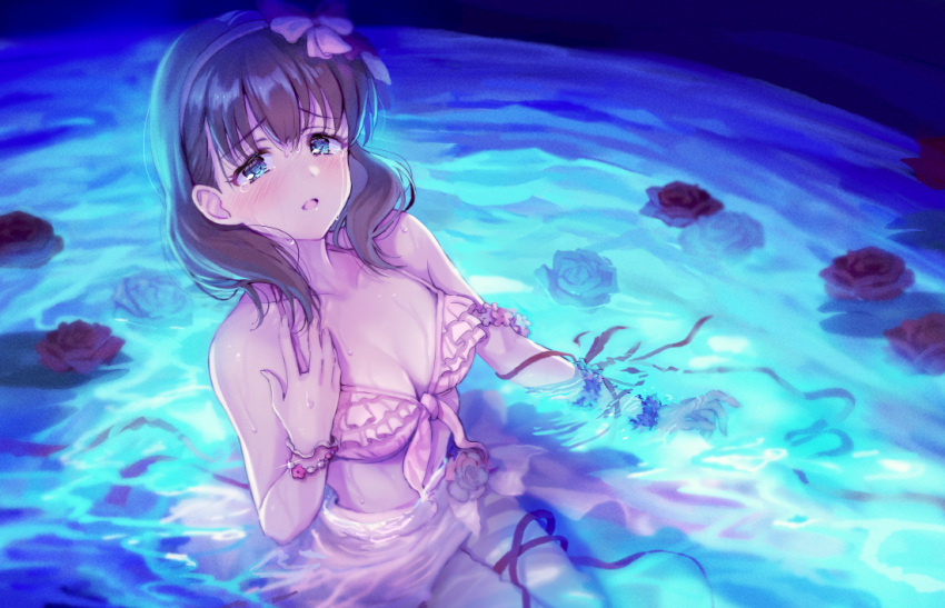 :o bikini blush breasts brown_hair collarbone female flower frilled_bikini frills idolmaster idolmaster_cinderella_girls looking_at_viewer medium_breasts omisoshiru partially_submerged pink_bikini protected_link red_flower red_ribbon red_rose refraction ribbon rose sakuma_mayu sarong solo swimsuit water