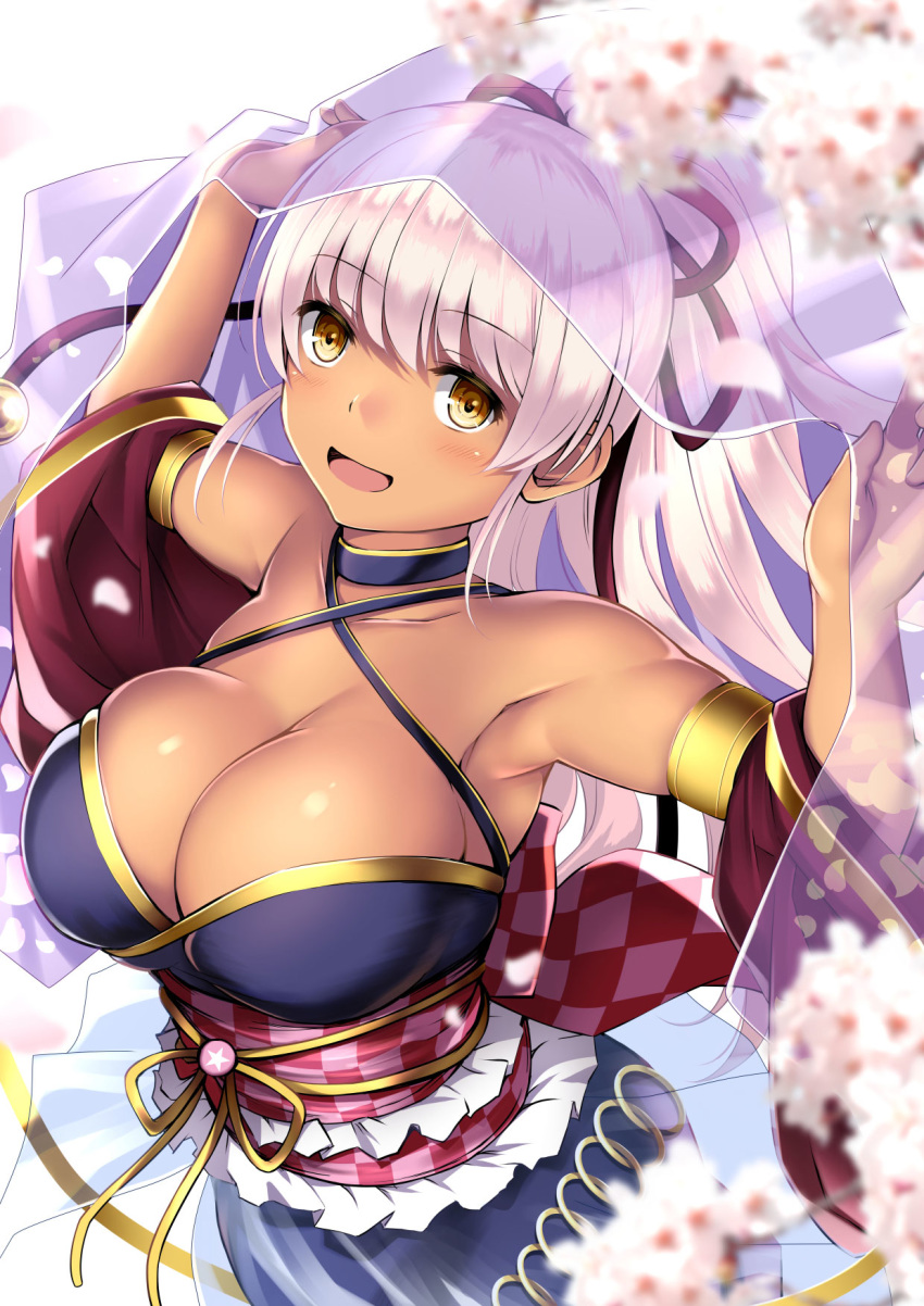 arms_up bare_shoulders blurry blurry_foreground bow breasts checkered_bow checkered_clothes cherry_blossoms cleavage criss-cross_halter dark-skinned_female dark_skin detached_sleeves dutch_angle female flower_knight_girl fujibakama_(flower_knight_girl) hakama hakama_skirt halterneck highres japanese_clothes kuromayu large_breasts long_hair looking_at_viewer open_mouth pink_hair ponytail print_hakama skirt solo yellow_eyes