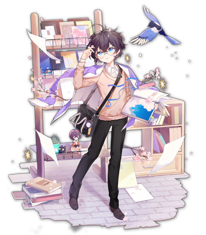 1boy artist_request bag bird black_hair black_legwear blue_eyes book brick_floor charm_(object) cherry_blossoms drawer eurasian_magpie flower game_cg glasses highres ichihime ichinose_sora jacket lolicon magpie mahjong_soul male_focus official_art plant potted_plant purple_jacket shelf simple_background solo sparkle standing sweater tachi-e third-party_source transparent_background