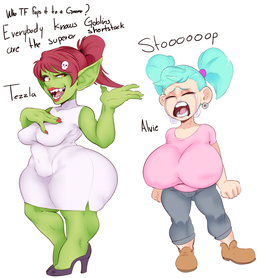 absurd_res big_breasts blizzard_entertainment bodily_fluids breast_size_difference breasts clothed clothing dialogue duo english_text female footwear gnome goblin green_body green_skin hi_res high_heels huge_breasts humanoid not_furry sharp_teeth shoes short_stack simple_background sundown_(artist) tears teeth text thick_thighs warcraft white_background wide_hips