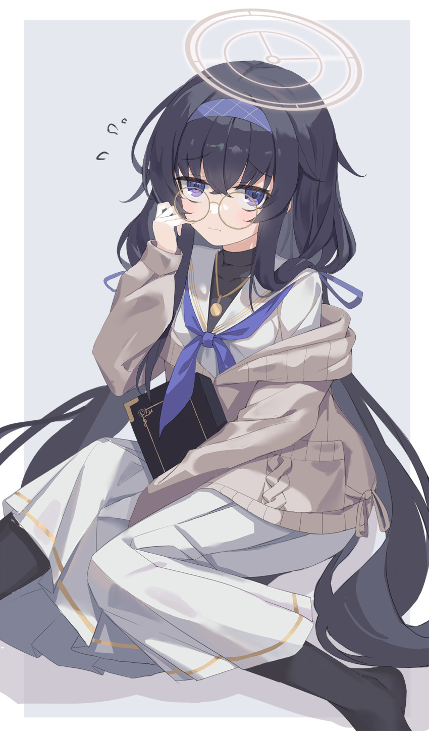 black_hair black_pantyhose blue_archive book commentary female full_body glasses hair_ornament hairband halo hand_up highres long_hair long_skirt looking_at_viewer low_twintails pantyhose sailor_collar school_uniform serika shy simple_background sitting skirt solo twintails ui_(blue_archive)