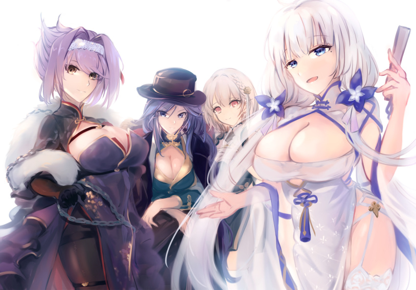 4girls azur_lane biloxi_(azur_lane) biloxi_(dapper_gangstress)_(azur_lane) black_coat black_gloves blue_eyes blue_hair braid braided_ponytail breast_curtains breasts bursting_breasts chains china_dress chinese_clothes cleavage cleavage_cutout clothing_cutout coat commentary dress flower folded_ponytail folding_fan fur_trim garter_straps gloucester_(azur_lane) gloucester_(brilliance_in_purple)_(azur_lane) gloves hair_between_eyes hair_flower hair_ornament hair_over_one_eye half_gloves hand_fan hat highres holding holding_fan illustrious_(azur_lane) illustrious_(maiden_lily's_radiance)_(azur_lane) large_breasts light_smile long_braid long_hair looking_at_viewer medium_hair mole mole_under_eye multiple_girls official_alternate_costume open_clothes open_coat pantyhose pelvic_curtain purple_hair red_eyes revealing_clothes see-through shika_(shika0) shrug_(clothing) side_braid side_slit simple_background sirius_(azur_lane) sirius_(azure_horizons)_(azur_lane) sitting thighband_pantyhose thighhighs very_long_hair white_dress white_gloves white_hair white_thighhighs yellow_eyes