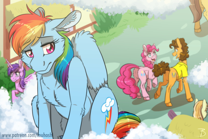 cheese_sandwich_(mlp) chest_tuft cloud cutie_mark equid equine female feral floppy_ears friendship_is_magic group hasbro hi_res horn horse inuhoshi-to-darkpen male mammal my_little_pony mythological_creature mythological_equine mythology open_mouth pegasus pinkie_pie_(mlp) pony ponyville rainbow_dash_(mlp) regret sad sitting solo_focus story story_in_description tuft unicorn unrequited_love wings