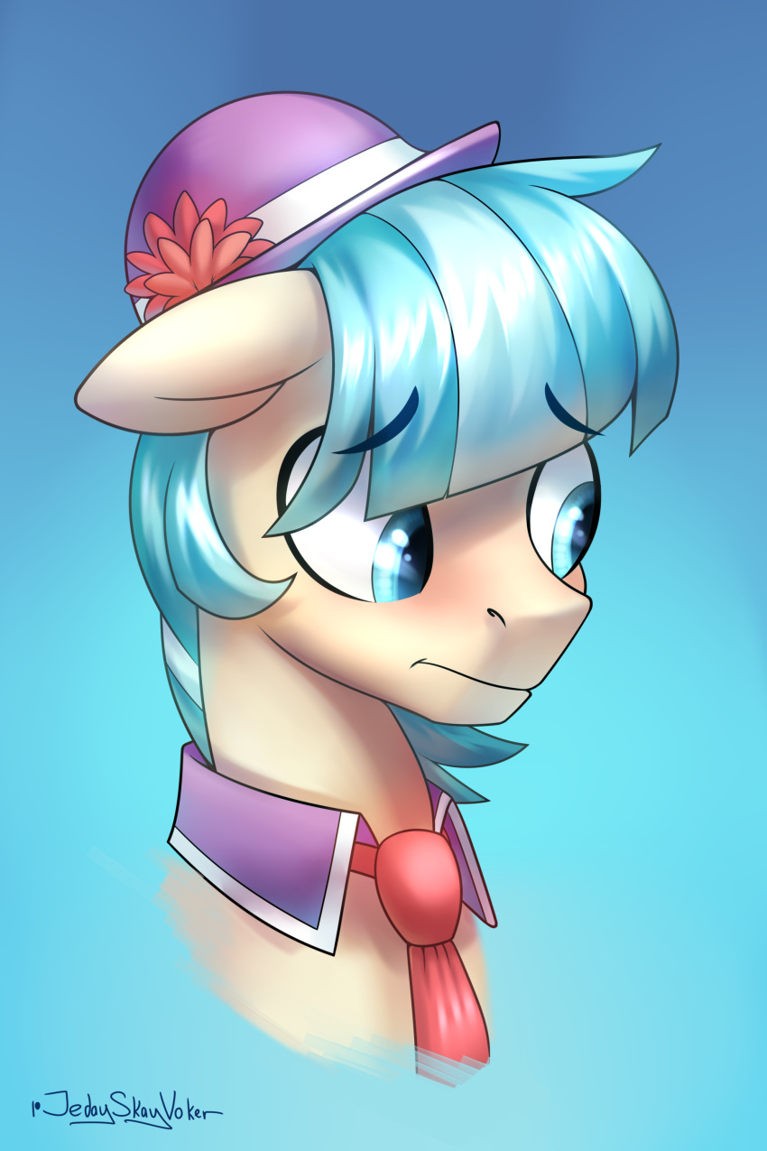 2020 2:3 absurd_res blue_background blue_eyes blue_mane blush bust_portrait clothing coco_pommel_(mlp) english_text equid equine eyebrow_through_hair eyebrows feral friendship_is_magic fur hair hasbro hat headgear headwear hi_res horse jedayskayvoker looking_down male mammal mane my_little_pony necktie pony portrait red_necktie rule_63 shirt_collar signature simple_background solo tan_body tan_fur text translucent translucent_hair