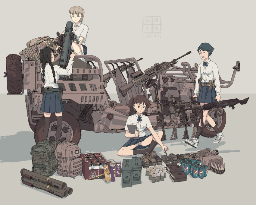 40mm_grenade 4girls absurdres ammunition_box anti-materiel_rifle assault_rifle backpack bag barrett_m82 black_hair blonde_hair blue_eyes blue_hair blue_skirt braid brand_name_imitation brown_eyes brown_hair camouflage carl_gustaf_recoilless_rifle cup_ramen etmc1992 grenade_launcher grey_background gun highres m203 m240 m4_carbine m72_law machine_gun magazine_(weapon) mk_18_carbine motor_vehicle multiple_girls original panties pepsi pringles rifle rocket_launcher shirt sig_mg338 skirt sniper_rifle suppressor truck twin_braids underbarrel_grenade_launcher underwear vehicle_request weapon white_panties white_shirt woodland_camouflage