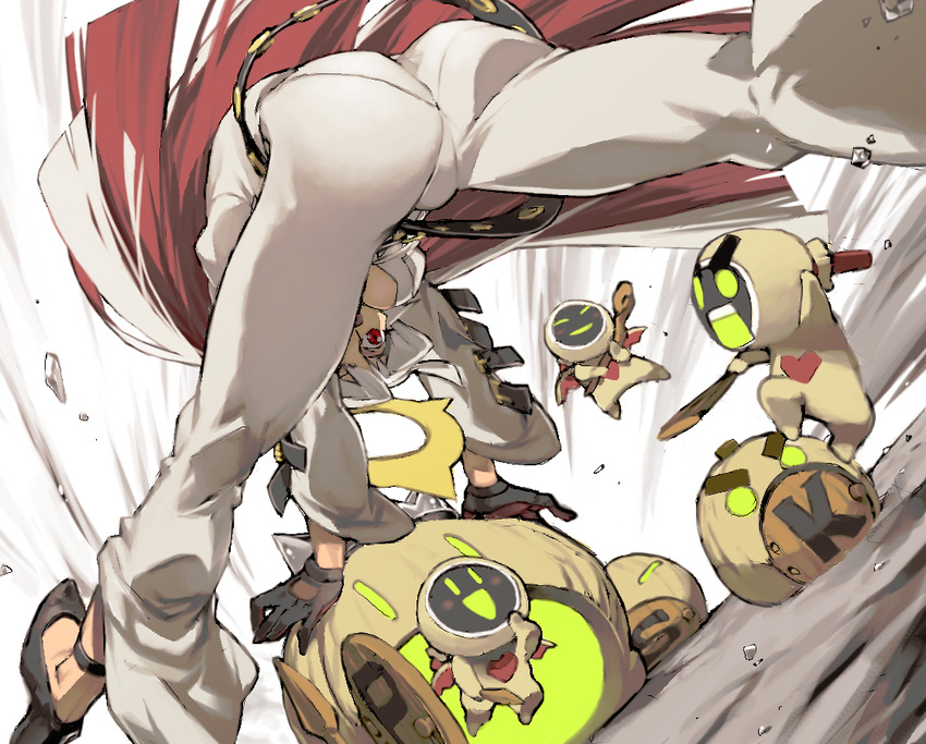 0_0 :d :o ahoge ass belt bent_over black_footwear black_gloves blurry blush blush_stickers bodysuit breasts buckle center_opening closed_eyes commentary_request debris depth_of_field dutch_angle familiar female from_behind from_below furrowed_brow gloves glowing glowing_eyes glowing_mouth guilty_gear guilty_gear_xrd half-closed_eyes halo hand_on_own_chin happy heart high_heels holding holding_staff holding_sword holding_weapon jack-o'_valentine kneepits knight_servant lancer_servant legs_apart long_hair looking_at_viewer looking_back looking_through_own_legs loose_belt magician_servant medium_breasts multicolored_hair open_mouth pantylines photoshop_(medium) red_eyes red_hair shoes size_difference smile spiked_halo staff straight_hair strappy_heels studded_belt sword two-tone_hair unzipped v-shaped_eyebrows very_long_hair weapon white_bodysuit white_hair wings ysk!