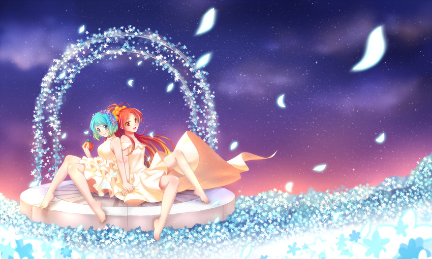 2girls apple barefoot dress flower food fruit highres mahou_shoujo_madoka_magica miki_sayaka multiple_girls petals sakura_kyouko sha yuri