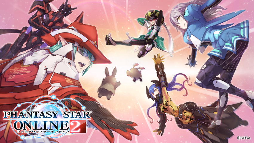 2boys 2girls android arms_behind_head blue_hair chic_jaeger copyright_name cowboy_hat crossed_arms equestior hat headgear highres lillipa long_hair looking_at_viewer multicolored_hair multiple_boys multiple_girls outstretched_hand phantasy_star phantasy_star_online_2 pointy_ears quna_(pso2) rappy ronia_series weiss_croon yellow_eyes zelsius