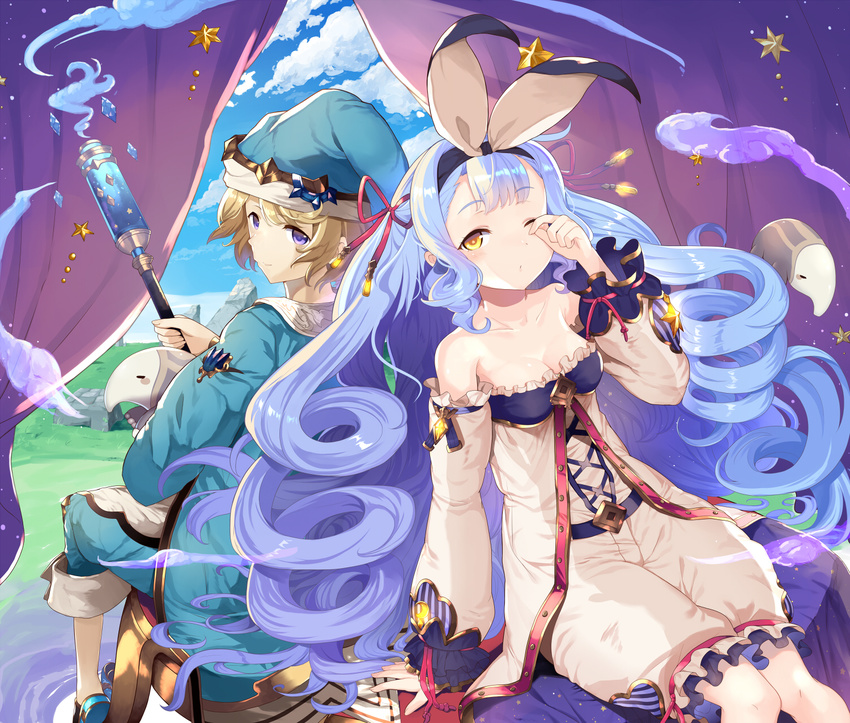 abusoru aliasing blue_hair clouds granblue_fantasy headband headdress long_hair male morphe_(granblue_fantasy) purple_eyes ribbons short_hair sky staff stars vetol_(granblue_fantasy) yellow_eyes