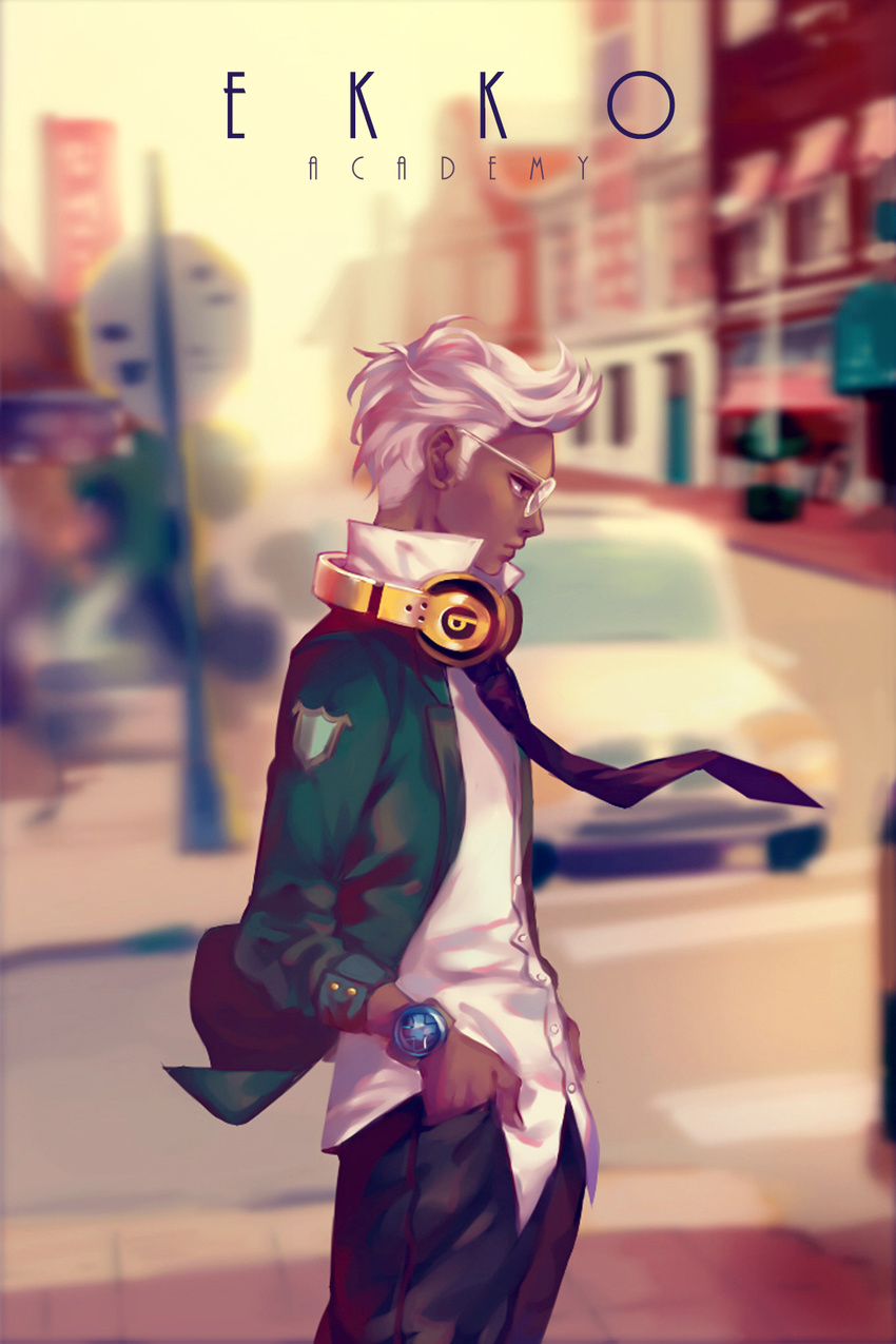 1boy academy_ekko alternate_costume character_name commentary dark-skinned_male dark_skin ekko_(league_of_legends) glasses headphones headphones_around_neck highres league_of_legends leng male_focus necktie photoshop_(medium) solo upper_body white_hair