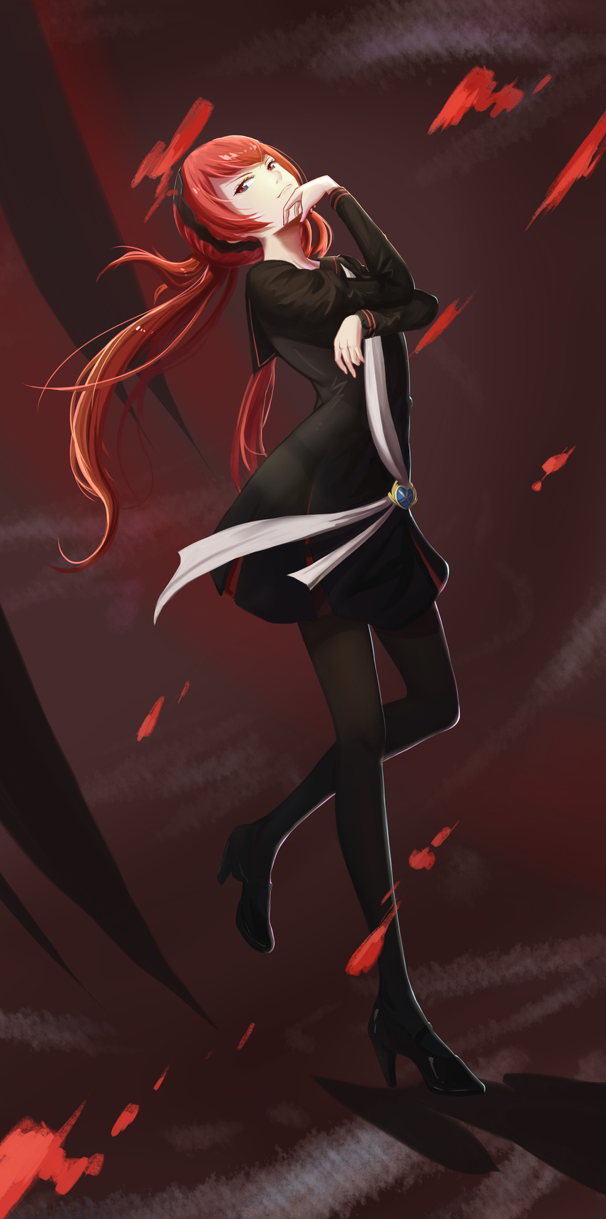 absurdres banryuu_reoko black_serafuku bubuki_buranki commentary_request female full_body gokuhaaa hairband high_heels highres long_hair pantyhose pose red_eyes red_hair school_uniform serafuku solo twintails