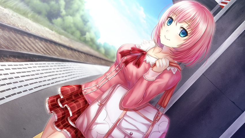 ayame_no_machi_to_ohimesama blue_eyes game_cg kazuharu_kina more_(company) pink_hair shichigahama_yuri short_hair skirt