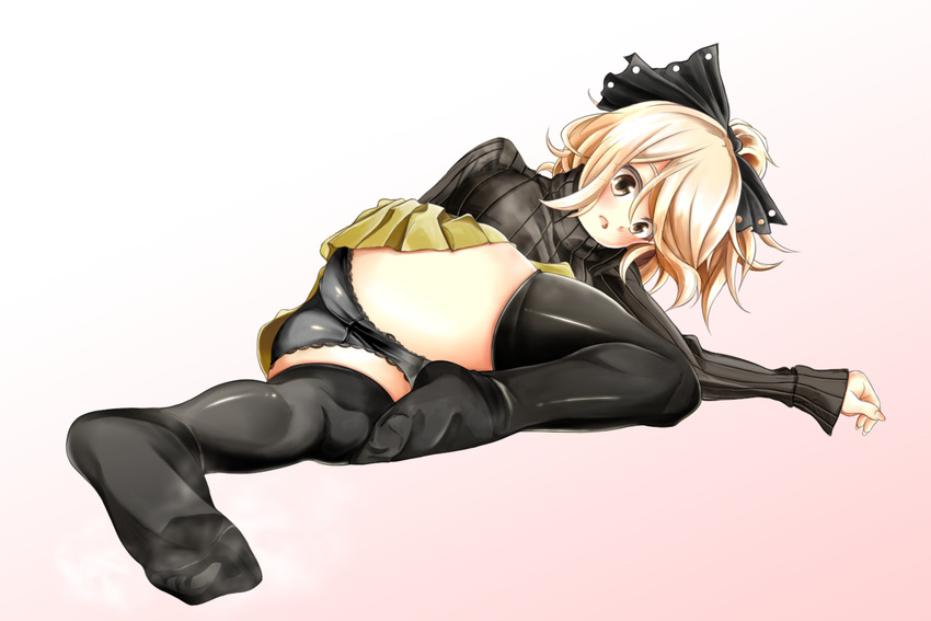 bad_id bad_pixiv_id banned_artist black_legwear black_panties blush from_below kurodani_yamame lying on_side open_mouth panties pantyshot pantyshot_(lying) ribbed_sweater soles solo steam sweater thighhighs touhou tsushima_(kaikyo) underwear