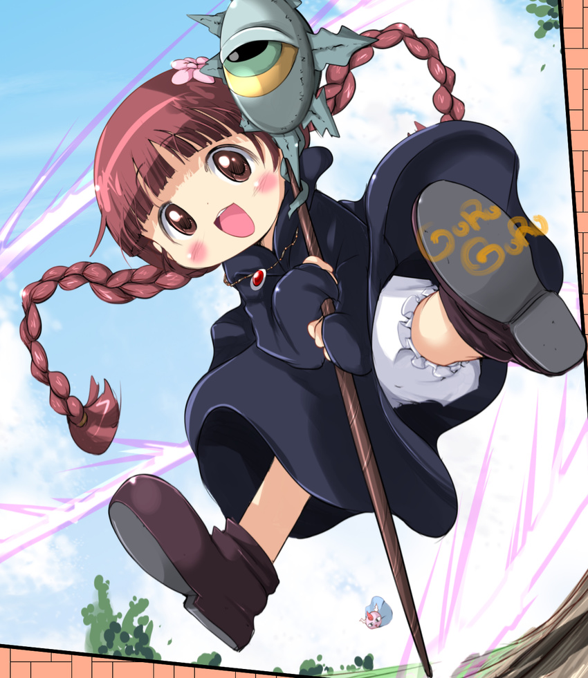 :d black_dress bloomers blunt_bangs blush braid brown_eyes brown_hair chomes dress female flower hair_flower hair_ornament highres holding kukuri_(mahoujin_guruguru) long_hair looking_at_viewer mahoujin_guruguru open_mouth panties pantyshot robe smile solo staff twin_braids twintails underwear