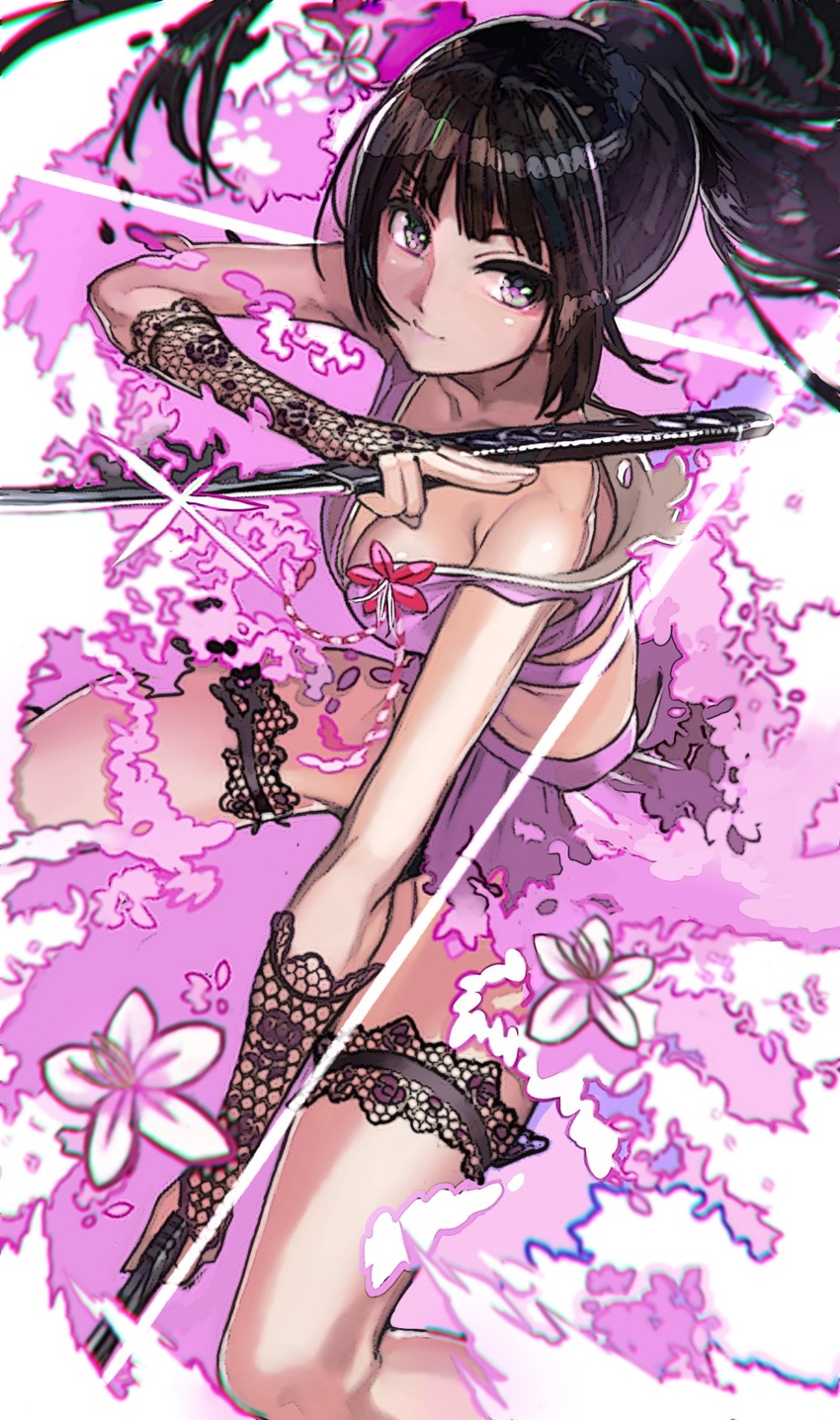 black_hair blush breasts cherry_blossoms cleavage closed_mouth collarbone commentary_request dual_wielding female fingerless_gloves from_above gloves hair_bun hamaguchi_ayame highres holding houen idolmaster idolmaster_cinderella_girls katana lace lace_gloves legband ninja pink_skirt ponytail single_hair_bun skirt smile solo sword unmoving_pattern weapon