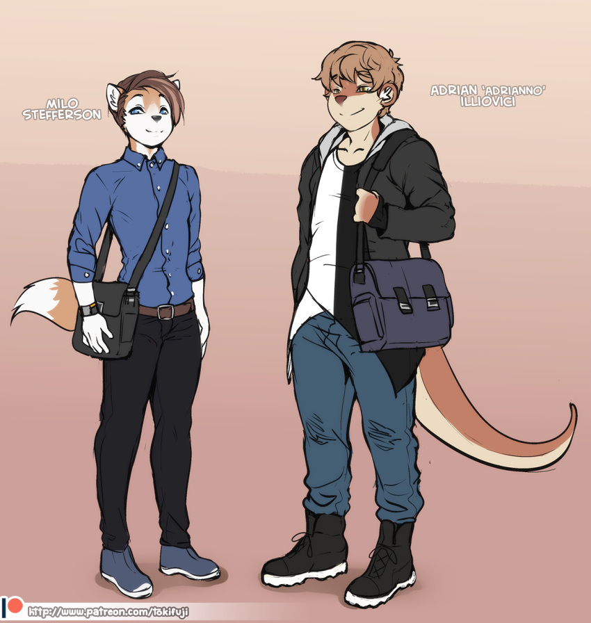 adrian_iliovici anthro canid canine clothed clothing countershading digital_media_(artwork) duo english_text femboy footwear hi_res looking_at_viewer male mammal milo_stefferson mustelid otter patreon patreon_logo shoes simple_background smile standing text tokifuji url watermark website_logo