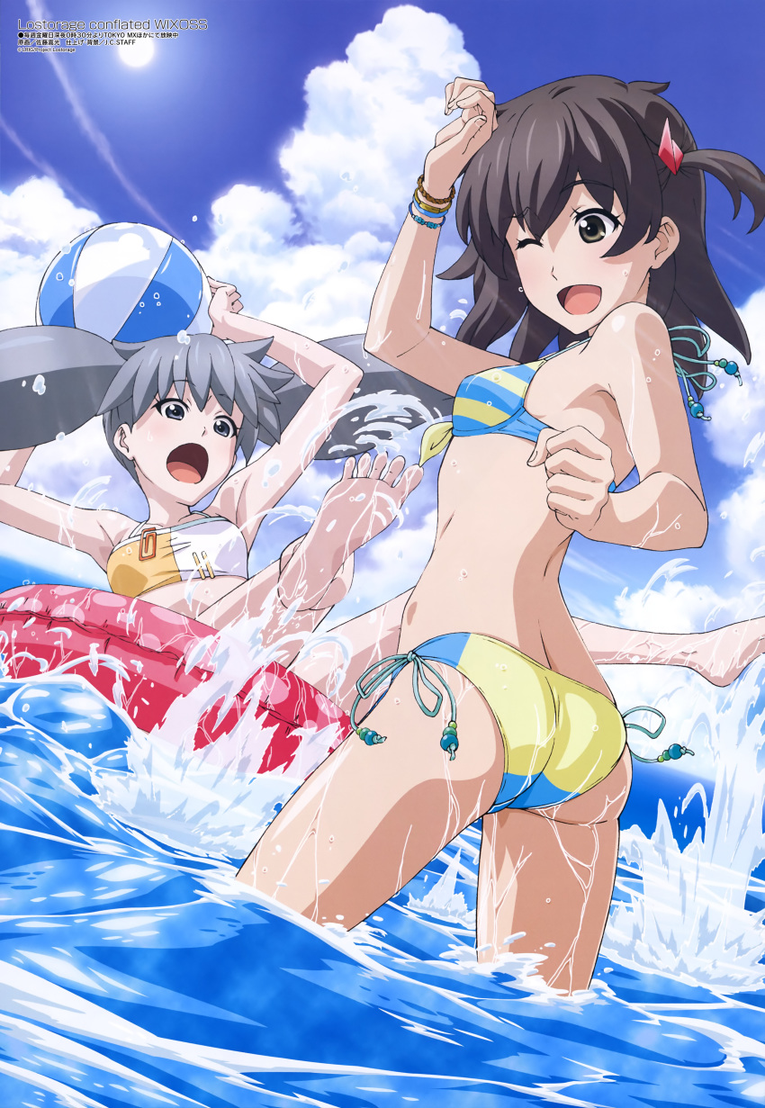 2girls absurdres ass ball bare_shoulders bikini black_eyes black_hair blue_bikini blue_sky blush breasts cloud day front-tie_top grey_eyes grey_hair hair_ornament hairclip highres holding holding_ball kominato_ruuko legs_up looking_at_another lostorage_wixoss magazine_scan medium_breasts megami_magazine multicolored_bikini multicolored_clothes multiple_girls ocean official_art one_eye_closed open_mouth orange_bikini outdoors satou_takamitsu scan short_twintails side-tie_bikini_bottom skindentation sky smile striped_bikini striped_clothes sun swimsuit tama_(wixoss) tongue twintails white_bikini wixoss yellow_bikini