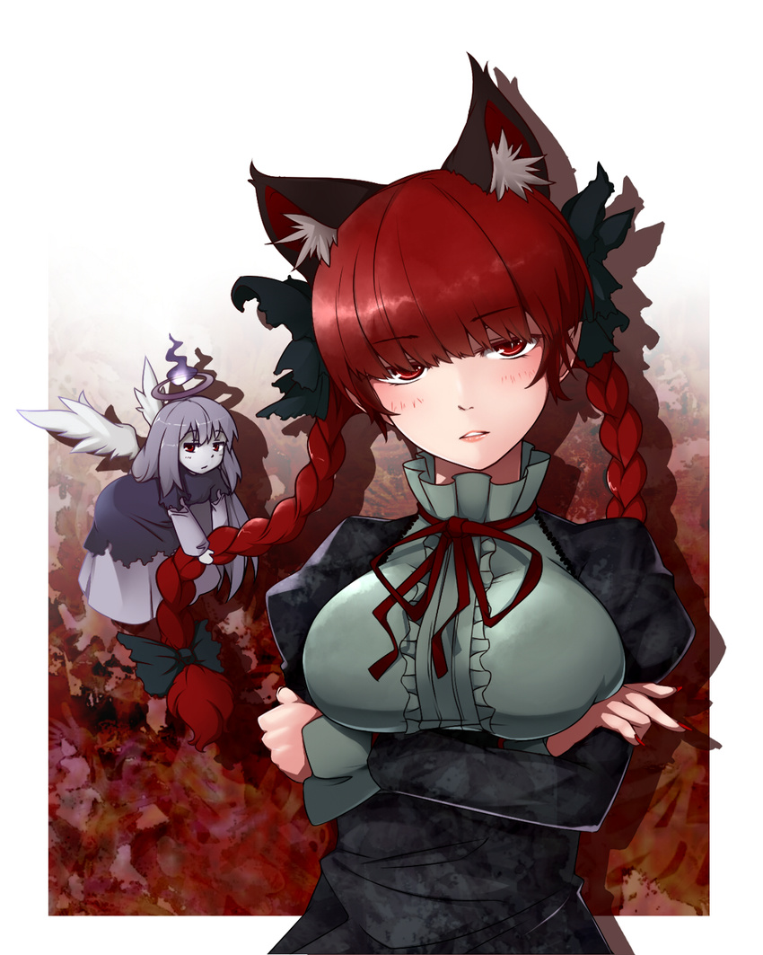 2girls animal_ears blush bow braid breasts cat_ears commentary_request crossed_arms extra_ears highres kaenbyou_rin large_breasts lips long_hair looking_at_viewer multiple_girls open_mouth pointy_ears red_eyes red_hair touhou twin_braids underbust wings winu_(hertrion) zombie_fairy_(touhou)