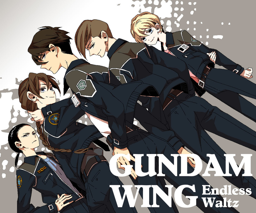 5boys black_eyes black_hair blonde_hair blue_eyes braid brown_hair chang_wufei commentary_request copyright_name duo_maxwell gundam gundam_wing gundam_wing_endless_waltz heero_yuy hoshino_lily jacket long_hair looking_at_viewer looking_back multiple_boys ponytail purple_eyes quatre_raberba_winner single_braid smile trowa_barton