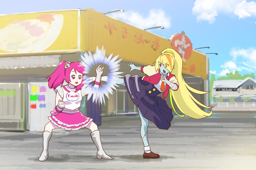 2girls :d blocking blonde_hair blue_skin blue_skirt candy_hair_ornament clenched_hands colored_skin commentary_request day drive-in_tori evo_moment_#37 fighting fighting_stance food-themed_hair_ornament furuta_(company) furutan hair_ornament hair_over_one_eye jacket kicking light_green_hair long_hair long_skirt multicolored_hair multiple_girls necktie nikaidou_saki open_clothes open_jacket open_mouth orange_hair outdoors parody parrying pink_eyes pink_skirt pleated_skirt ponytail skirt smile standing stitches streaked_hair street_fighter street_fighter_iii_(series) twintails ueyama_michirou very_long_hair zombie zombie_land_saga