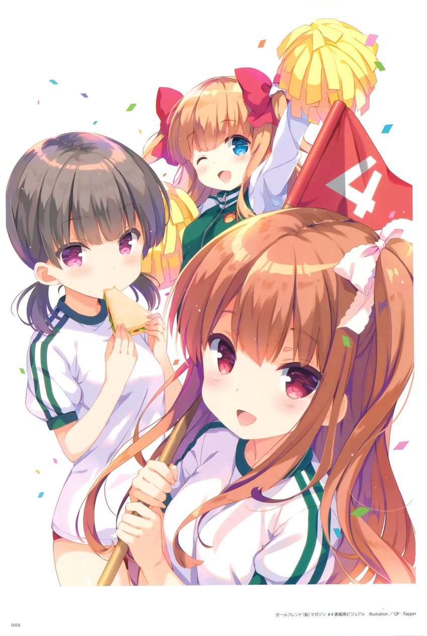 3girls :d ;d absurdres asahina_momoko buruma flag girlfriend_(kari) gym_uniform highres looking_at_viewer multiple_girls official_art one_eye_closed open_mouth pom_pom_(cheerleading) qp:flapper shigino_mutsumi smile yuuki_nae