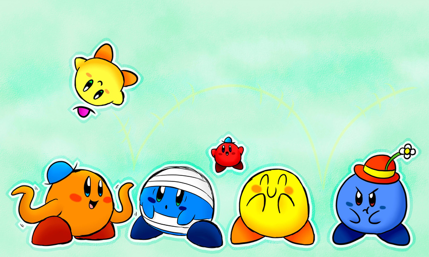 :d :o :t ^_^ absurdres bandages blue_hat bouncing closed_eyes commentary_request copy_ability flower green_background hat hat_flower highres kirby kirby_(series) little_miss_bossy long_arms md5_mismatch mr._bounce mr._bump mr._happy mr._men mr._men_&_little_miss mr._small mr._tickle no_humans open_mouth orange_theme pink_hat simple_background smile spice5400