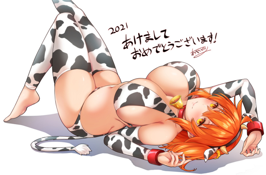 2021 abe_inori alternate_costume animal_ears animal_print barefoot bell bikini bracelet breasts cleavage collar cow_ears cow_horns cow_print cow_print_bikini cow_tail elbow_gloves fake_animal_ears fake_horns fake_tail fate/grand_order fate_(series) female fingernails fujimaru_ritsuka_(female) full_body gloves horns jewelry large_breasts looking_at_viewer lying medium_hair navel neck_bell on_back orange_hair print_bikini sidelocks smile solo swimsuit tail thighhighs yellow_eyes