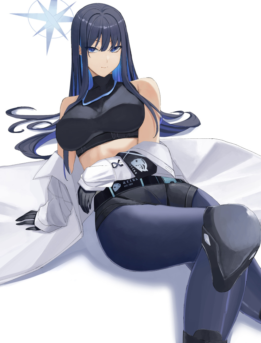 absurdres armband bare_shoulders belt black_belt black_gloves black_shirt blue_archive blue_eyes blue_hair blue_pants breasts coat commentary crop_top feet_out_of_frame female gloves halo highres large_breasts leggings long_hair long_sleeves looking_at_viewer midriff no_headwear off_shoulder open_clothes open_coat pants ref_(pmxt4483) saori_(blue_archive) shirt simple_background smile solo stomach thighs white_background white_coat