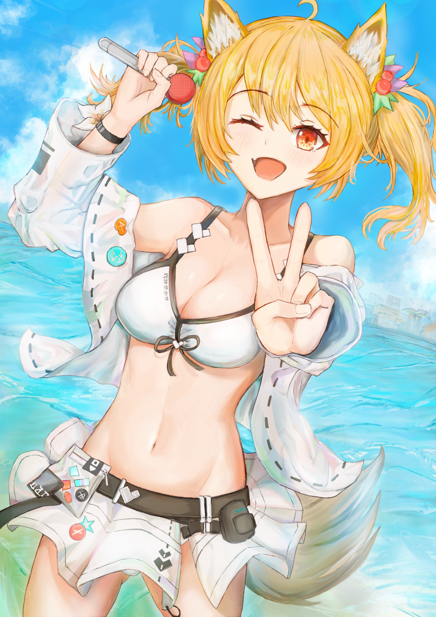 ;d absurdres ahoge animal_ear_fluff animal_ears arknights arm_up bad_id bad_pixiv_id bare_shoulders belt bikini bikini_skirt black_belt blonde_hair blue_sky blush breasts cleavage cloud commentary_request cowboy_shot day female flower groin hachiko_(0088) hair_between_eyes highres holding holding_microphone long_sleeves medium_breasts microphone microskirt navel oerba_yun_fang off_shoulder official_alternate_costume one_eye_closed open_clothes open_mouth open_shirt outdoors red_eyes revision shirt short_hair skirt sky smile solo sora_(arknights) sora_(summer_flowers)_(arknights) standing stomach swimsuit twintails v water white_bikini white_flower white_shirt white_skirt wolf_ears