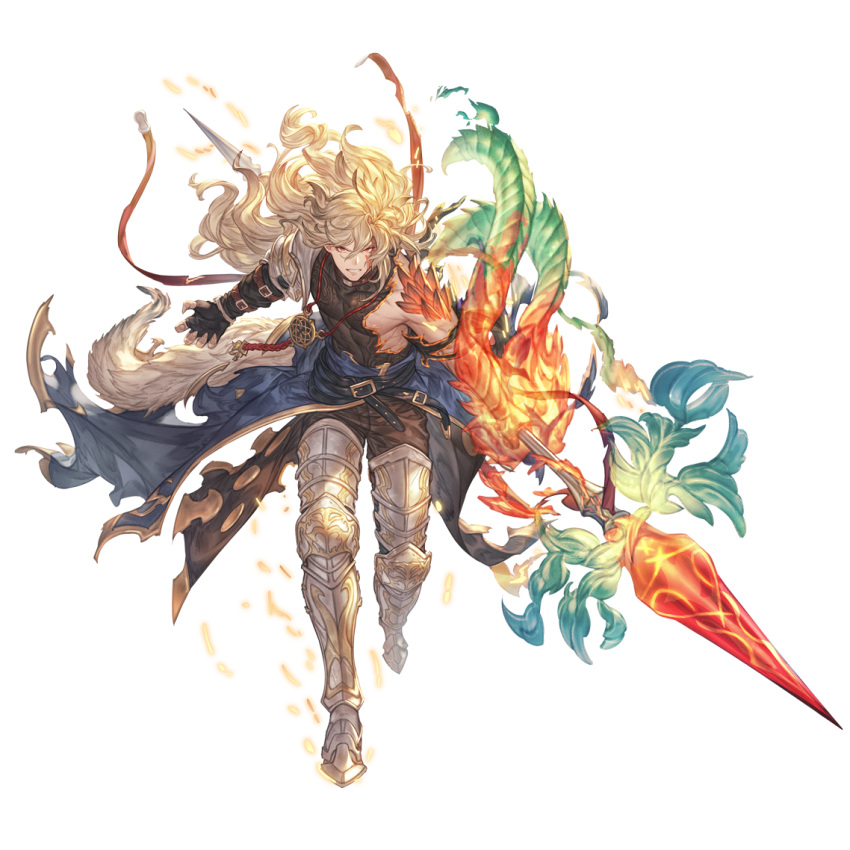 1boy armor armored_boots belt blonde_hair body_armor boots clenched_teeth dragon_tail fire full_body granblue_fantasy hair_between_eyes holding holding_polearm holding_shield holding_weapon long_hair looking_at_viewer male_focus naoise official_art polearm red_eyes shield shoulder_armor solo spear spiked_armor standing tail teeth torn_clothes transparent_background weapon