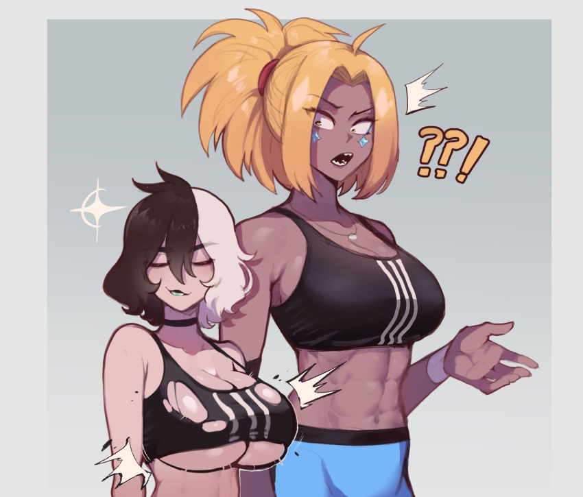 2girls abs adidas ahoge alternate_breast_size black_choker black_hair black_sports_bra blonde_hair blue_pants breast_conscious breast_envy breast_expansion breasts bursting_breasts choker cleavage commentary constricted_pupils crop_top dark-skinned_female dark_skin english_commentary height_difference highres huge_breasts jules_jagger_(nyantcha) large_breasts long_hair medium_support_(meme) meme midriff multicolored_hair multiple_girls muscular muscular_female nyantcha original pants ponytail sharp_teeth short_hair smug split-color_hair sports_bra surprised tall_female teeth torn_clothes torn_sports_bra underboob undersized_clothes upper_body variant_set white_hair yellow_eyes yoga_pants yorra_villeneuve_(nyantcha)