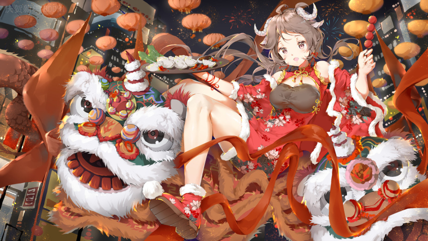 ahoge animal_ears arknights bangs bare_legs bodhi_wushushenghua boots breasts brown_eyes brown_hair building celebration china_dress chinese_clothes chinese_food city city_lights cityscape cleavage detached_sleeves dragon dress eastern_dragon eyjafjalla_(arknights) festival fireworks floating floral_print food full_body goat_ears goat_horns hair_ornament hair_ribbon happy head_tilt highres holding holding_food holding_tray horns lantern long_hair medium_breasts new_year night night_sky open_mouth outdoors red_dress red_footwear red_ribbon ribbon sidelocks sitting sitting_on_object sky sky_lantern skyscraper smile tagme tray wide_sleeves