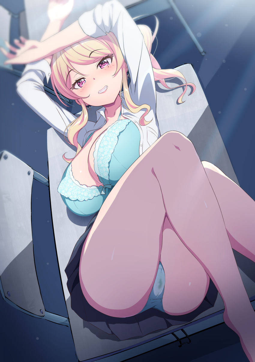 absurdres aqua_bra aqua_panties arms_up ass bare_legs black_skirt blonde_hair blush bra breasts chair cleavage commentary_request feet_out_of_frame female frilled_bra frills grin gyaru highres large_breasts looking_at_viewer lying mole mole_under_eye on_table original panties pleated_skirt red_eyes sakamata_(sakamata4) school_uniform shirt skirt smile solo stained_panties table thighs underwear white_shirt