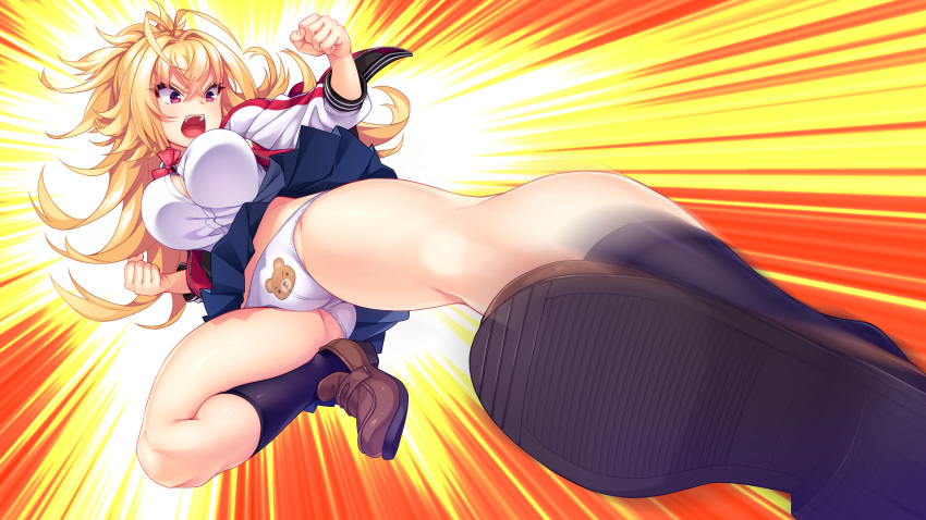 animal_print antenna_hair babumi! bear_print black_socks blonde_hair brown_footwear clenched_hands female flipped_hair flying_kick game_cg highres kicking loafers long_hair long_sleeves mameojitan non-web_source official_art open_mouth orihime_momoka panties pantyshot pleated_skirt red_eyes shoe_soles shoes skirt socks solo underwear white_panties