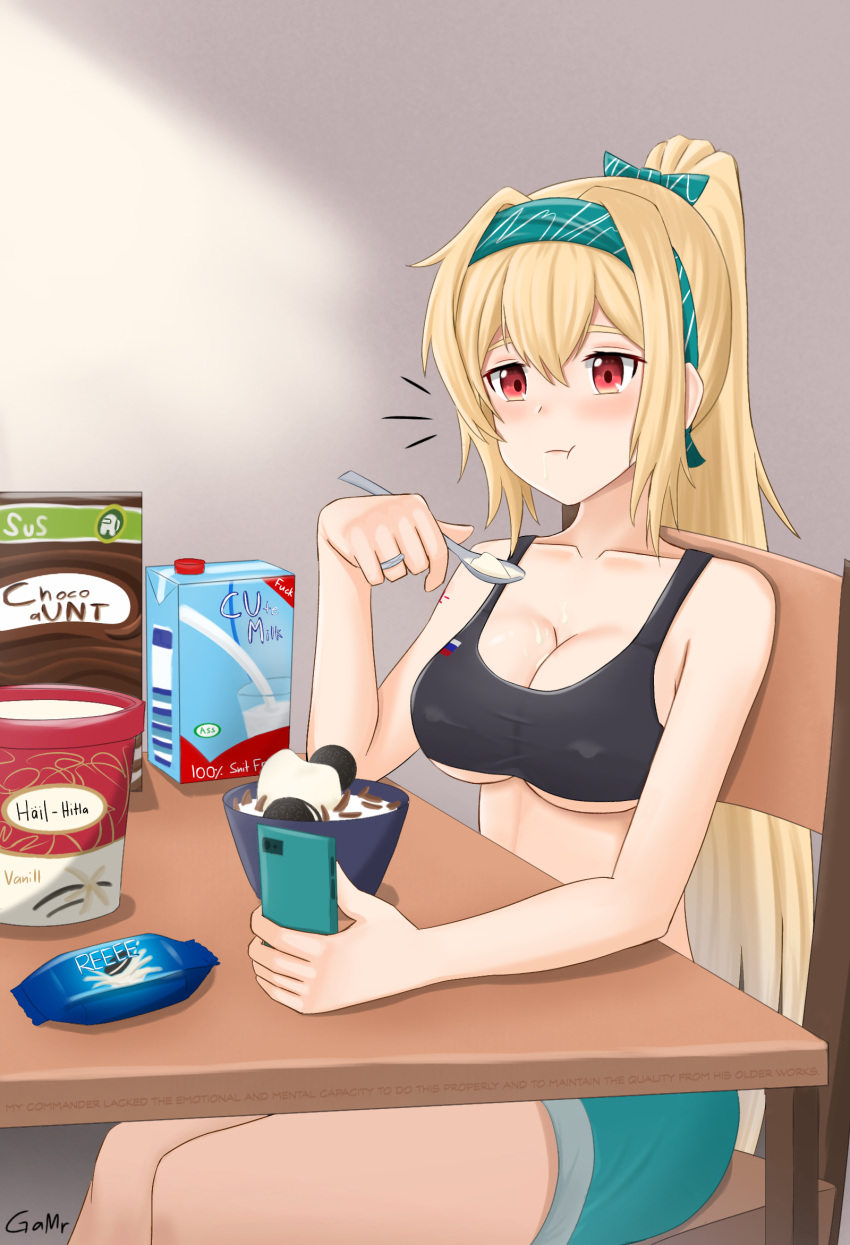 among_us artist_name black_sports_bra blonde_hair blush breasts cellphone cleavage closed_mouth collarbone crewmate_(among_us) female food gamryous girls'_frontline green_ribbons hair_ribbon hairband highres holding holding_phone ice_cream jewelry long_hair looking_away medium_breasts phone ponytail red_eyes ribbon ring russian_flag simple_background sitting smartphone solo sports_bra sv-98_(girls'_frontline) table very_long_hair