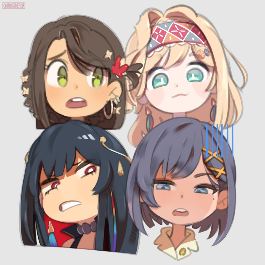 4girls aadya_(nijisanji) annoyed black_hair blonde_hair blue_eyes blue_hair blush brown_hair colored_inner_hair dark-skinned_female dark_skin earrings green_eyes grey_background hairband head_tilt highres jewelry layla_alstroemeria mole mole_under_eye multicolored_hair multiple_girls nijisanji nijisanji_id nijisanji_in noor_(nijisanji) onionsketch red_hair shaded_face short_hair siska_leontyne virtual_youtuber