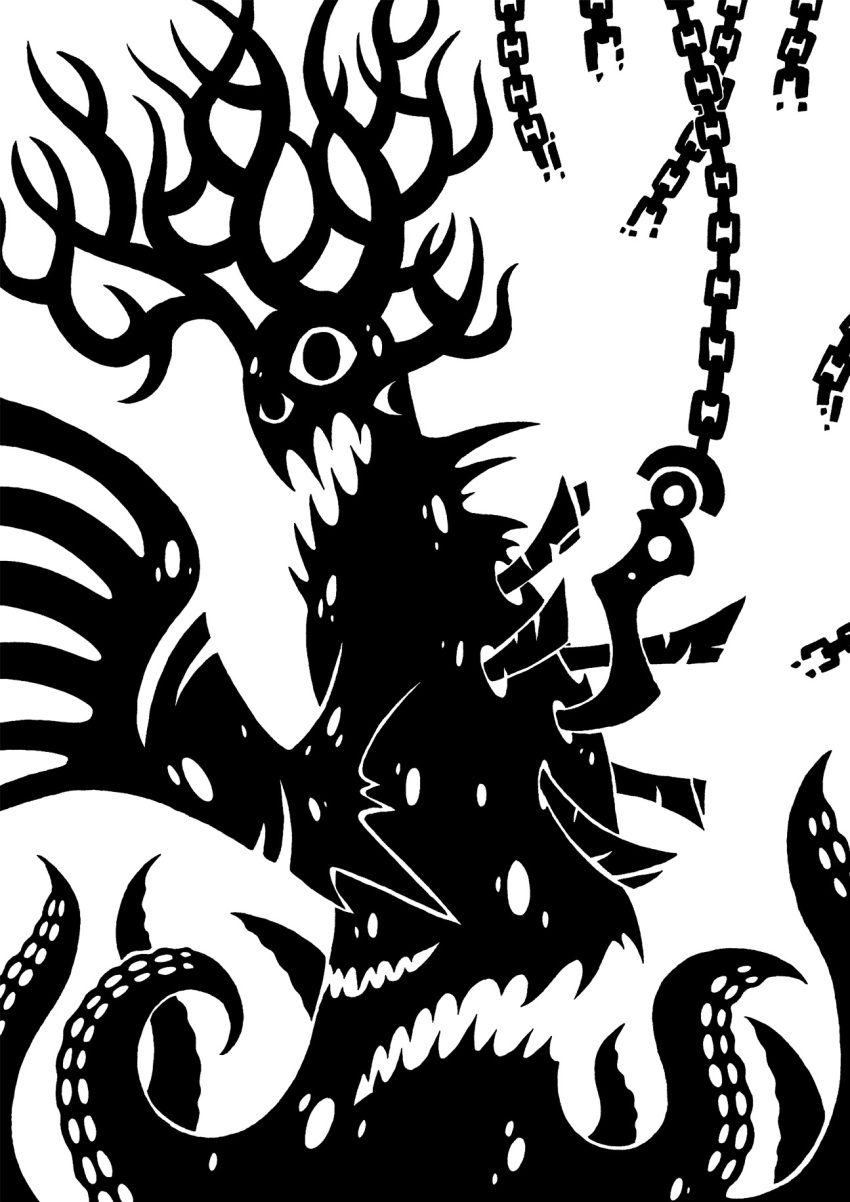 2014 3_eyes 4_horns 6_fingers ambiguous_gender antlers arm_spikes black_and_white broken_chain cephalopod_taur chains digital_drawing_(artwork) digital_media_(artwork) elbow_spikes eldritch_abomination fingers hi_res hook horn horned_humanoid humanoid impalement male monochrome monster multi_eye multi_horn multi_mouth open_mouth scp-2317-k scp_foundation sharp_teeth simple_background solo spikes spikes_(anatomy) suckers sunnyclockwork taur teeth tentacle white_background